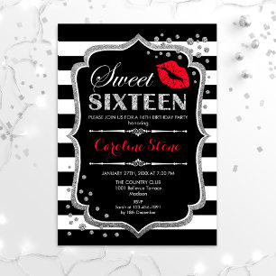 16e verjaardag - Sweet Sixteen Black Red Silver Kaart
