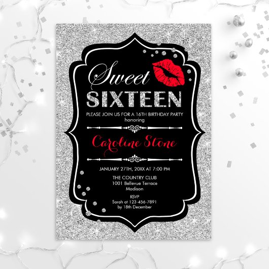 16e verjaardag - Sweet Sixteen Black Red Silver Kaart
