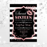 16e verjaardag - Sweet Sixteen Black Roos Gold Kaart<br><div class="desc">Sweet 61-jarige uitnodiging. Elegant zwart wit design met faux glitter roos Gold. Met roze lippenzoen,  zwarte witte strepen,  confetti en scriptlettertype. Ideaal voor een stijlvol 16e verjaardagsfeestje. Bericht me als u verdere aanpassing nodig hebt.</div>