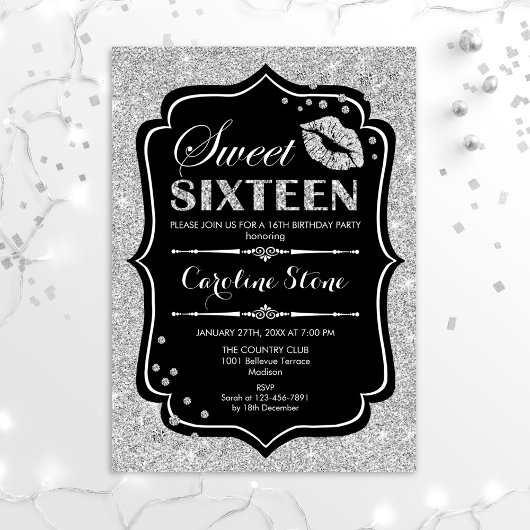 16e verjaardag - Sweet Sixteen Black Silver Kaart