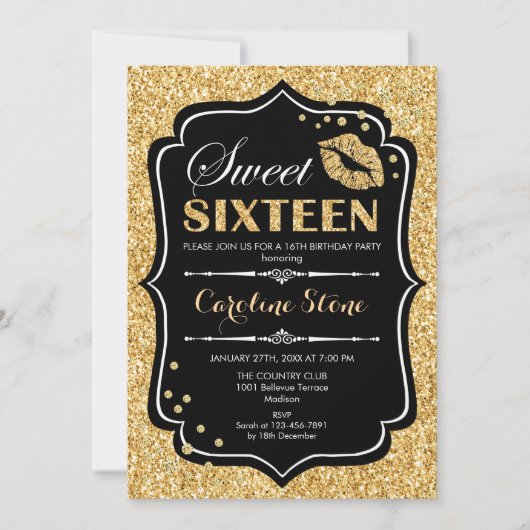 16e verjaardag - Sweet Sixteen Gold Black Kaart (Voorkant)