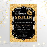 16e verjaardag - Sweet Sixteen Gold Black Kaart<br><div class="desc">Sweet 61-jarige uitnodiging. Elegant zwart wit design met faux glitter Gold. Kenmerkt lippenkus,  confetti en manuscriptdoopvont. Ideaal voor een stijlvol 16e verjaardagsfeestje. Bericht me als u verdere aanpassing nodig hebt.</div>