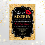 16e verjaardag - Sweet Sixteen Gold Black Red Kaart<br><div class="desc">Sweet 61-jarige uitnodiging. Elegant zwart wit design met faux glitter Gold. Met rode lipskus,  confetti en scriptlettertype. Ideaal voor een stijlvol 16e verjaardagsfeestje. Bericht me als u verdere aanpassing nodig hebt.</div>
