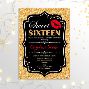 16e verjaardag - Sweet Sixteen Gold Black Red Kaart