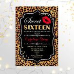 16e verjaardag - Sweet Sixteen luipaard print rood Kaart<br><div class="desc">Sweet 61-jarige uitnodiging. Elegant zwart-wit ontwerp met faux glitter Gold en een optisch afdrukpatroon. Met rode lipskus,  confetti en scriptlettertype. Ideaal voor een stijlvol 16e verjaardagsfeestje. Bericht me als u verdere aanpassing nodig hebt.</div>