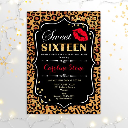 16e verjaardag - Sweet Sixteen luipaard print rood Kaart