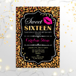 16e verjaardag - Sweet Sixteen luipaard printroze Kaart<br><div class="desc">Sweet 61-jarige uitnodiging. Elegant zwart-wit ontwerp met faux glitter Gold en een optisch afdrukpatroon. Met roze lippenkus,  confetti en scriptlettertype. Ideaal voor een stijlvol 16e verjaardagsfeestje. Bericht me als u verdere aanpassing nodig hebt.</div>