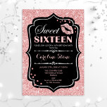 16e verjaardag - Sweet Sixteen Roos Gold Black Kaart<br><div class="desc">Sweet 61-jarige uitnodiging. Elegant zwart wit design met faux glitter roos Gold. Met roze lippenkus,  confetti en scriptlettertype. Ideaal voor een stijlvol 16e verjaardagsfeestje. Bericht me als u verdere aanpassing nodig hebt.</div>