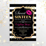 16e verjaardag - Sweet Sixteen zwart roze goud Kaart<br><div class="desc">Sweet 61-jarige uitnodiging. Elegant zwart wit design met faux glitter Gold. Met roze lippenzoen,  zwarte witte strepen,  confetti en scriptlettertype. Ideaal voor een stijlvol 16e verjaardagsfeestje. Bericht me als u verdere aanpassing nodig hebt.</div>