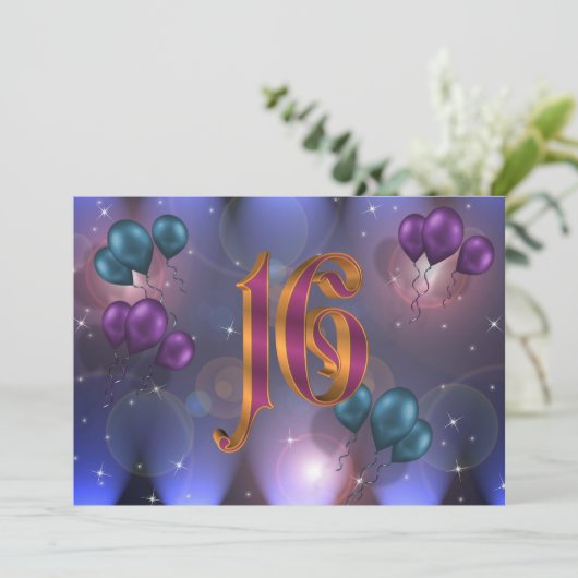 16e verjaardag Uitnodiging Ballonnen (Staand voorkant)
