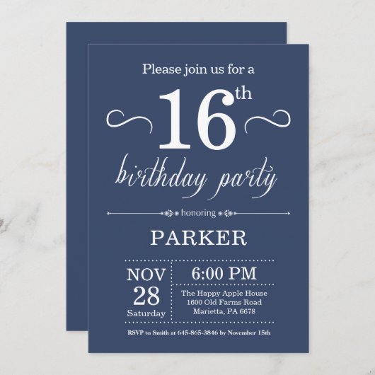 16e verjaardag uitnodiging blauw (Voorkant / Achterkant)