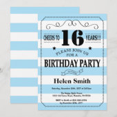 16e verjaardag Uitnodiging blauw en witte strepen (Voorkant / Achterkant)