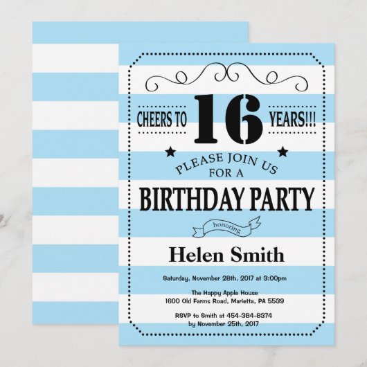 16e verjaardag Uitnodiging blauw en witte strepen (Voorkant / Achterkant)