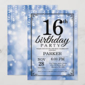 16e verjaardag Uitnodiging Blauw Glitter (Voorkant / Achterkant)