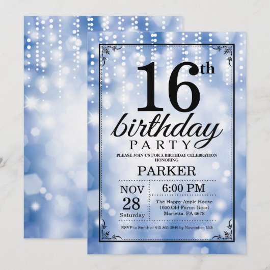 16e verjaardag Uitnodiging Blauw Glitter (Voorkant / Achterkant)