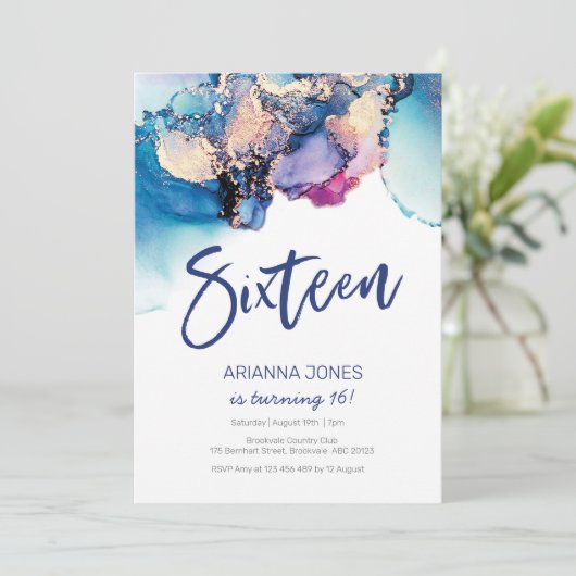 16e verjaardag Uitnodiging blauwe Abstracte Waterv (Staand voorkant)