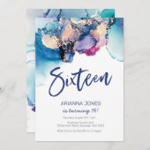 16e verjaardag Uitnodiging blauwe Abstracte Waterv (Voorkant / Achterkant)