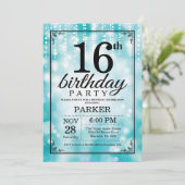 16e verjaardag Uitnodiging Blauwgroen Glitter (Staand voorkant)