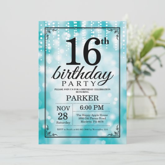 16e verjaardag Uitnodiging Blauwgroen Glitter (Staand voorkant)
