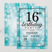 16e verjaardag Uitnodiging Blauwgroen Glitter (Voorkant / Achterkant)