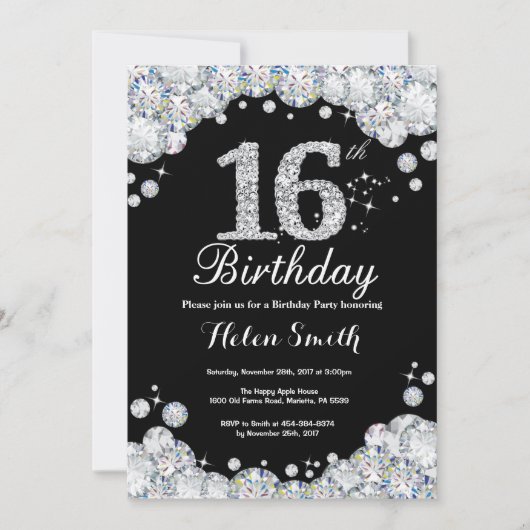 16e verjaardag Uitnodiging Chalkboard Silver Diamo (Voorkant)