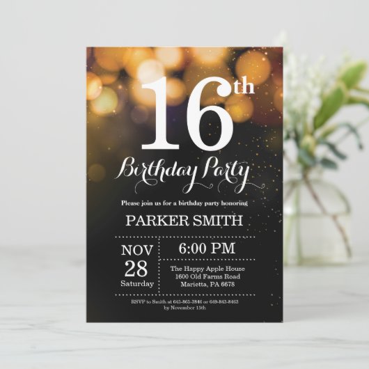 16e verjaardag uitnodiging Gold Glitter (Staand voorkant)