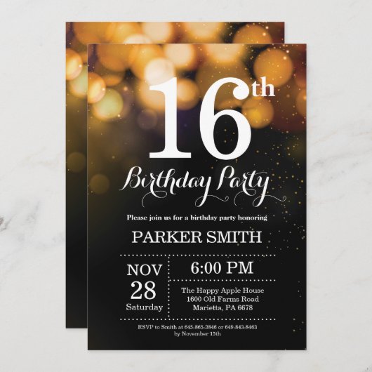 16e verjaardag uitnodiging Gold Glitter (Voorkant / Achterkant)