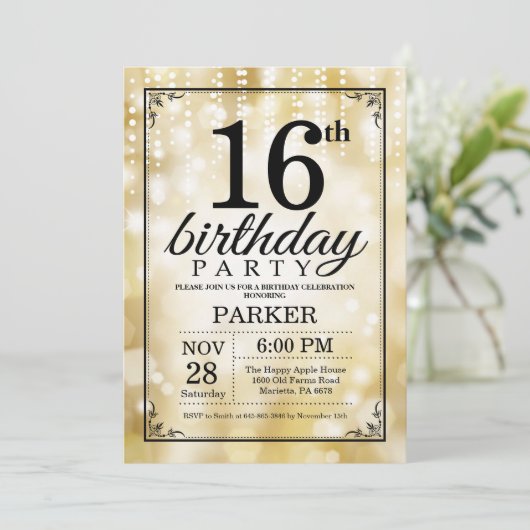16e verjaardag uitnodiging Gold Glitter (Staand voorkant)