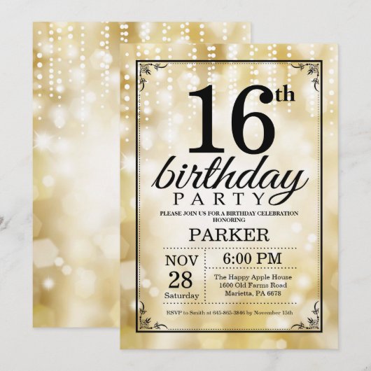16e verjaardag uitnodiging Gold Glitter (Voorkant / Achterkant)