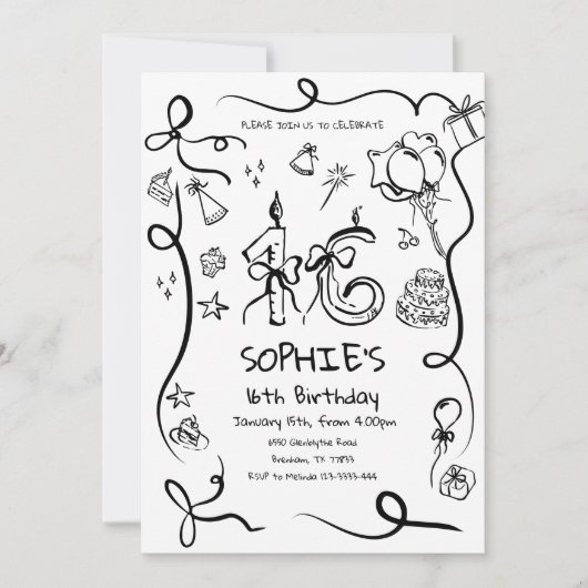 16e verjaardag uitnodiging, grillige Sweet 16 Kaart (Voorkant)