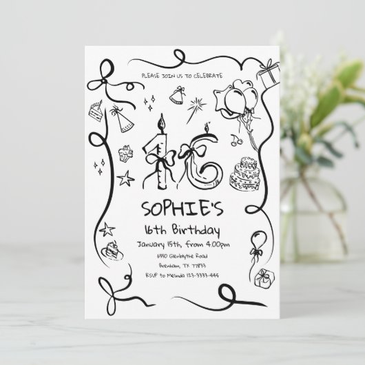 16e verjaardag uitnodiging, grillige Sweet 16 Kaart (Staand voorkant)