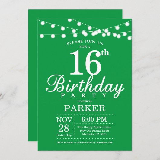 16e verjaardag Uitnodiging groen (Voorkant / Achterkant)