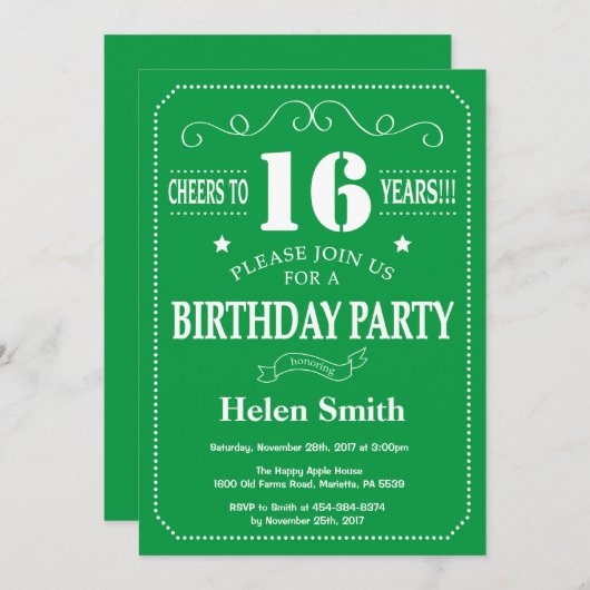 16e verjaardag uitnodiging groen en wit (Voorkant / Achterkant)