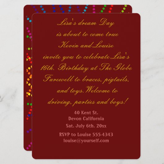 16e verjaardag uitnodiging. kaart (Voorkant / Achterkant)