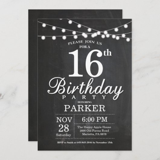 16e Verjaardag Uitnodiging Krijtbord String Lights (Voorkant / Achterkant)