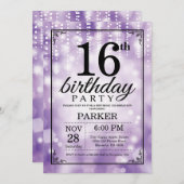 16e verjaardag Uitnodiging Paars Glitter (Voorkant / Achterkant)