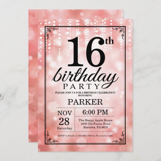 16e verjaardag uitnodiging roze glitter (Voorkant / Achterkant)