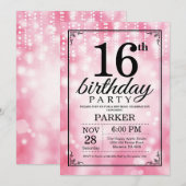 16e verjaardag uitnodiging roze glitter (Voorkant / Achterkant)