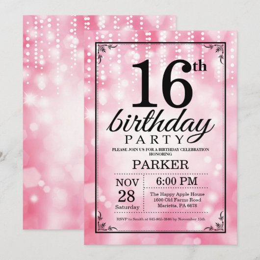 16e verjaardag uitnodiging roze glitter (Voorkant / Achterkant)