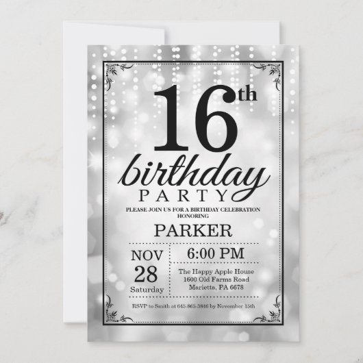 16e verjaardag uitnodiging Silver Glitter (Voorkant)