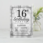 16e verjaardag uitnodiging Silver Glitter (Staand voorkant)