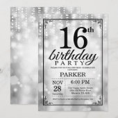 16e verjaardag uitnodiging Silver Glitter (Voorkant / Achterkant)
