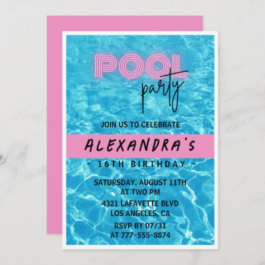 16e verjaardag uitnodiging voor haar Pool Party Su (Voorkant / Achterkant)