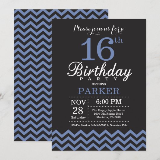 16e verjaardag uitnodiging zwart en blauw (Voorkant / Achterkant)