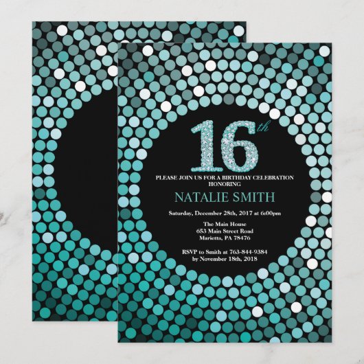 16e verjaardag Uitnodiging zwart en Blauwgroen Gli (Voorkant / Achterkant)