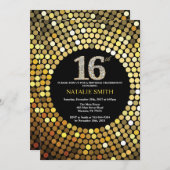 16e verjaardag uitnodiging zwart en goud glitter (Voorkant / Achterkant)