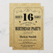 16e verjaardag uitnodiging zwart en goud glitter (Voorkant / Achterkant)