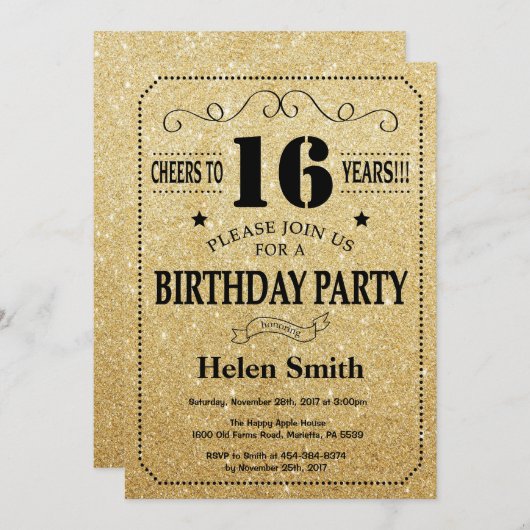 16e verjaardag uitnodiging zwart en goud glitter (Voorkant / Achterkant)