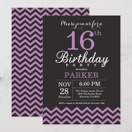 16e verjaardag Uitnodiging zwart en Paars (Voorkant / Achterkant)