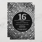 16e Verjaardag Uitnodiging Zwart en Zilver Glitter (Voorkant / Achterkant)
